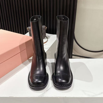 MIUMIU 26S PLATFORM HIGH-HEEL BOOTS 50MM IN BLACK GLOSSY CALFSKIN