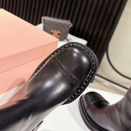 MIUMIU 26S PLATFORM HIGH-HEEL BOOTS 50MM IN BLACK GLOSSY CALFSKIN