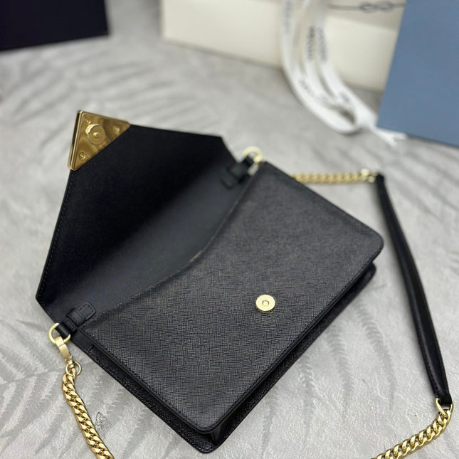 PRADA 25S SAFFIANO SHOULDER BAG 21 IN BLACK CALFSKIN GOLD HARDWARE