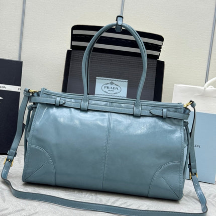 PRADA 25S BONNIE LARGE HANDBAG 38 IN LIGHT BLUE GLOSSY CALFSKIN GOLD HARDWARE