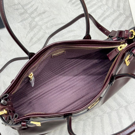 PRADA 25S BONNIE LARGE HANDBAG 38 IN BURGUNDY GLOSSY CALFSKIN GOLD HARDWARE