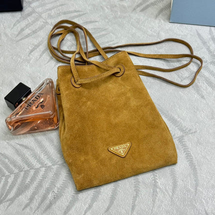 PRADA 25S BUCKET BAG 20 IN LIGHT CARAMEL SUEDE GOLD HARDWARE