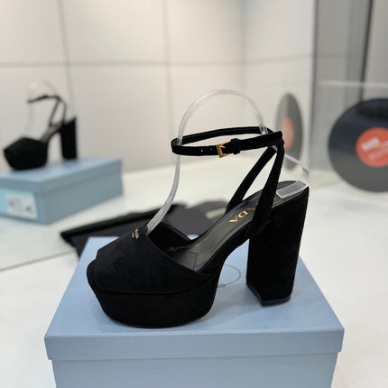 PRADA 26S HEELED SANDALS 115MM IN BLACK SUEDE