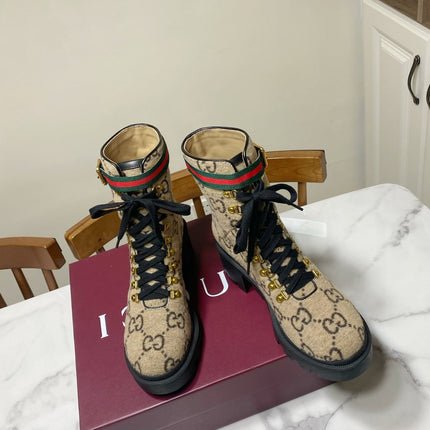 GUCCI 26S PLATFORM ANKLE BOOTS 70 MM IN BEIGE WOOL