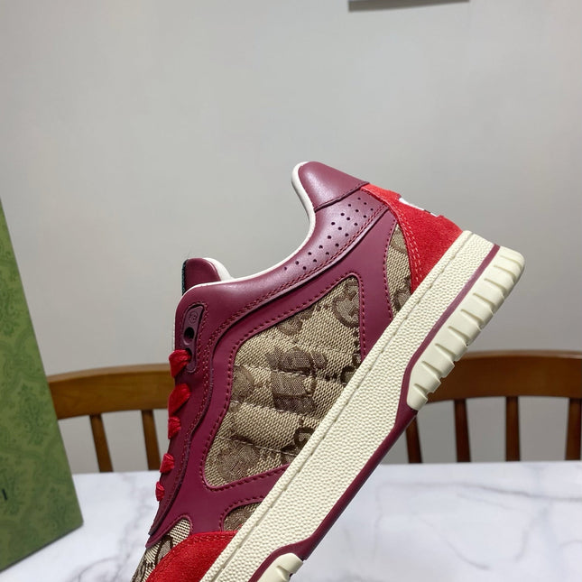 GUCCI 26S RE-WEB TRAINER SNEAKERS IN RED CALFSKIN AND BEIGE CANVAS