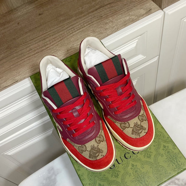 GUCCI 26S RE-WEB TRAINER SNEAKERS IN RED CALFSKIN AND BEIGE CANVAS