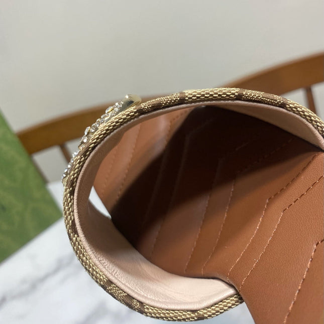 GUCCI 26S HEELED SLIDES 75 MM IN SAND BROWN CANVAS AND LAMBSKIN