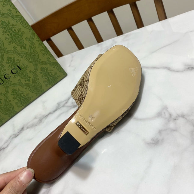 GUCCI 26S HEELED SLIDES 75 MM IN SAND BROWN CANVAS AND LAMBSKIN