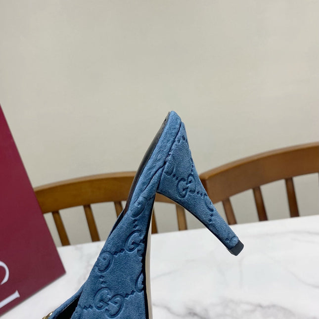GUCCI 26S HEELED MULES 85 MM IN BLUE SUEDE