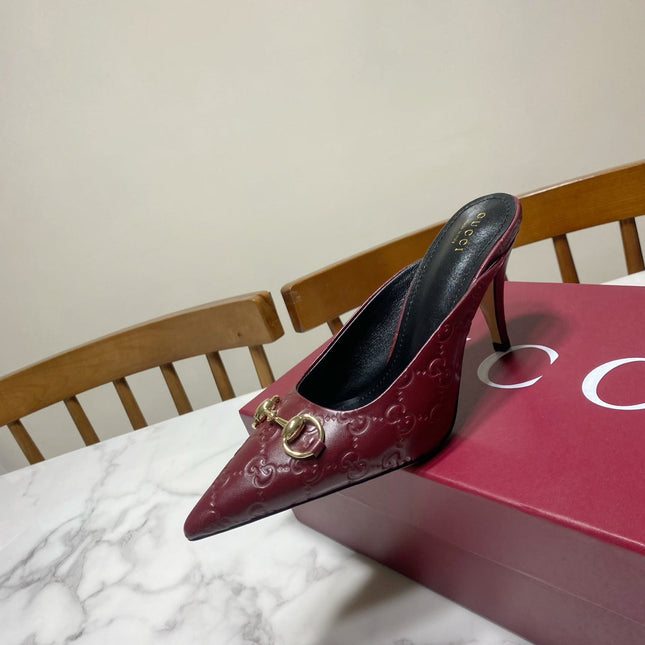 GUCCI 26S HEELED MULES 85 MM IN DARK RED CALFSKIN