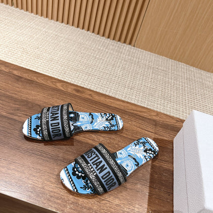 DIOR 26S SLIDE SANDALS IN BLUE FLORAL PRINT LOGO STRAP