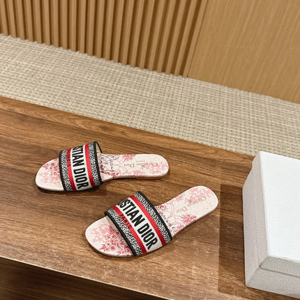 DIOR 26S SLIDE SANDALS IN RED TOILE PRINT LOGO STRAP