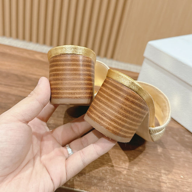 DIOR 26S D-CLUB EMBROIDERED HEELED SLIDES IN GOLD