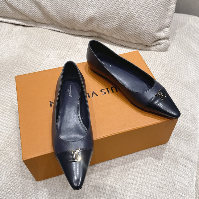 LV 26S POINTED TOE BALLET FLATS IN NAVY BLUE CALFSKIN