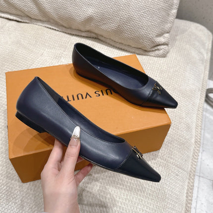 LV 26S POINTED TOE BALLET FLATS IN NAVY BLUE CALFSKIN
