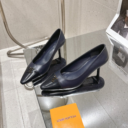 LV 26S POINTED TOE HIGH HEELS 55 MM IN BLACK BLUE CALFSKIN