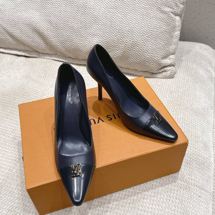 LV 26S POINTED TOE HIGH HEELS 95 MM IN BLACK BLUE CALFSKIN