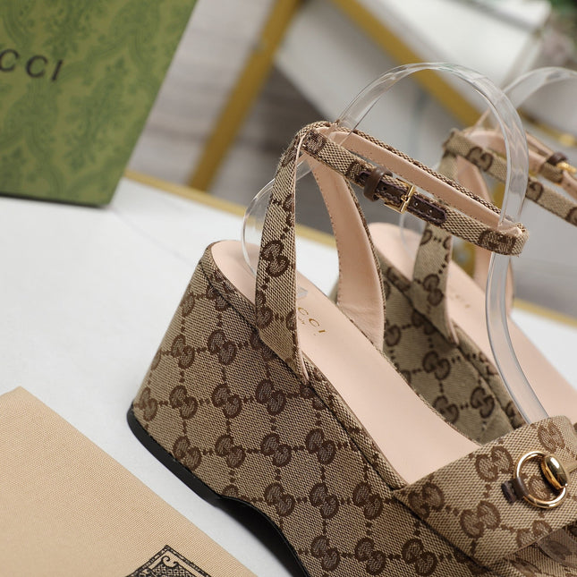 GG  Horsebit Wedges Sandals Brown