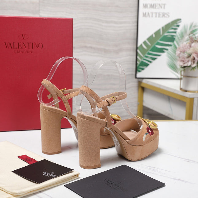 VALENTINO 25S GARAVANI VLOGO SIGNATURE HIGH-HEEL SANDALS 110 MM IN WARM BEIGE SUEDE