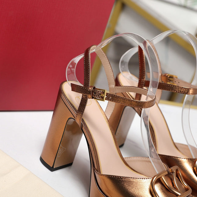 VALENTINO 25S GARAVANI VLOGO SIGNATURE HIGH-HEEL SANDALS 110 MM IN METALLIC COPPER CALFSKIN