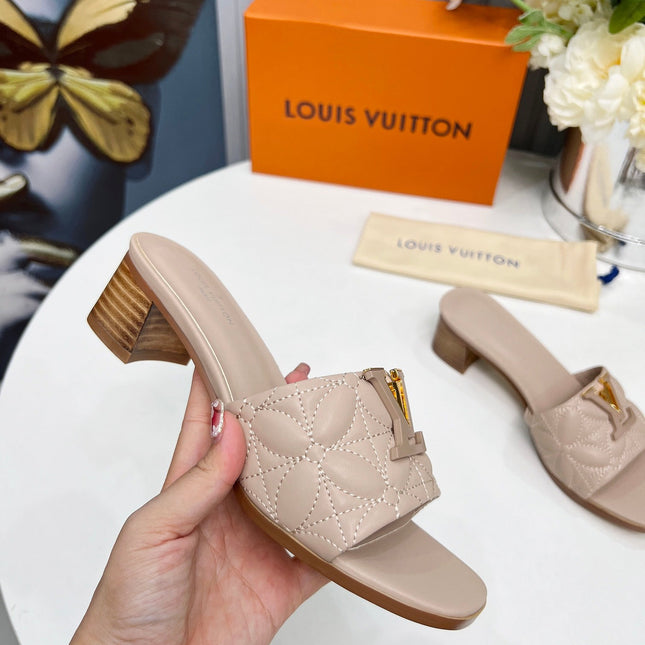 LV 26S MARE HIGH-HEELED MULE SANDALS IN DARK BEIGE CALFSKIN