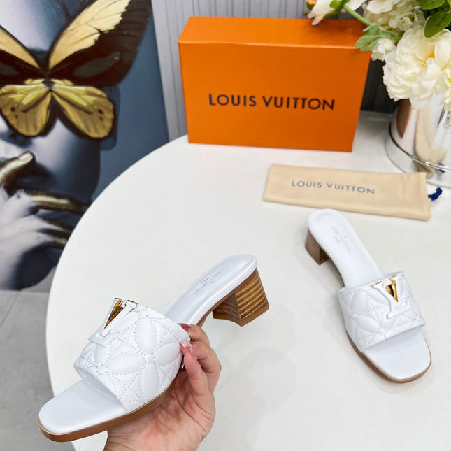 LV 26S MARE HIGH-HEELED MULE SANDALS IN WHITE CALFSKIN