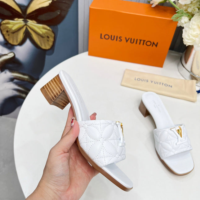 LV 26S MARE HIGH-HEELED MULE SANDALS IN WHITE CALFSKIN