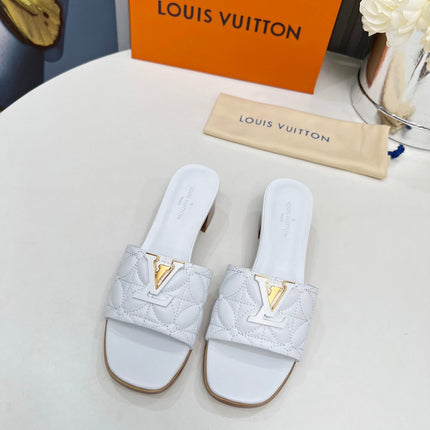 LV 26S MARE HIGH-HEELED MULE SANDALS IN WHITE CALFSKIN