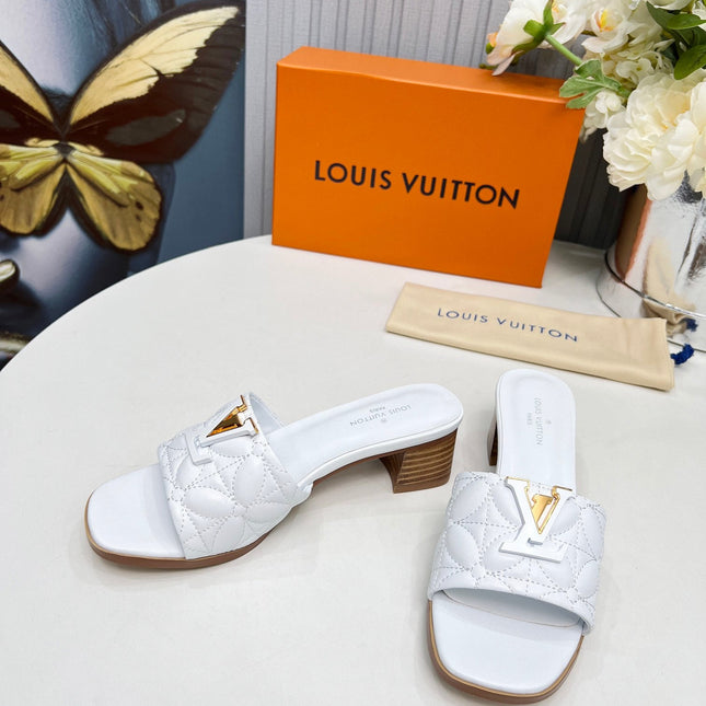 LV 26S MARE HIGH-HEELED MULE SANDALS IN WHITE CALFSKIN