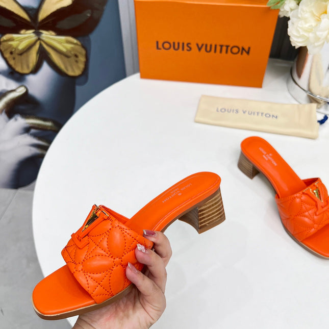 LV 26S MARE HIGH-HEELED MULE SANDALS IN ORANGE CALFSKIN