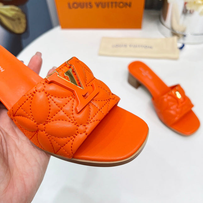 LV 26S MARE HIGH-HEELED MULE SANDALS IN ORANGE CALFSKIN