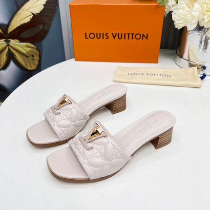 LV 26S MARE HIGH-HEELED MULE SANDALS IN ASH BEIGE CALFSKIN