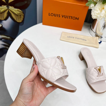 LV 26S MARE HIGH-HEELED MULE SANDALS IN ASH BEIGE CALFSKIN