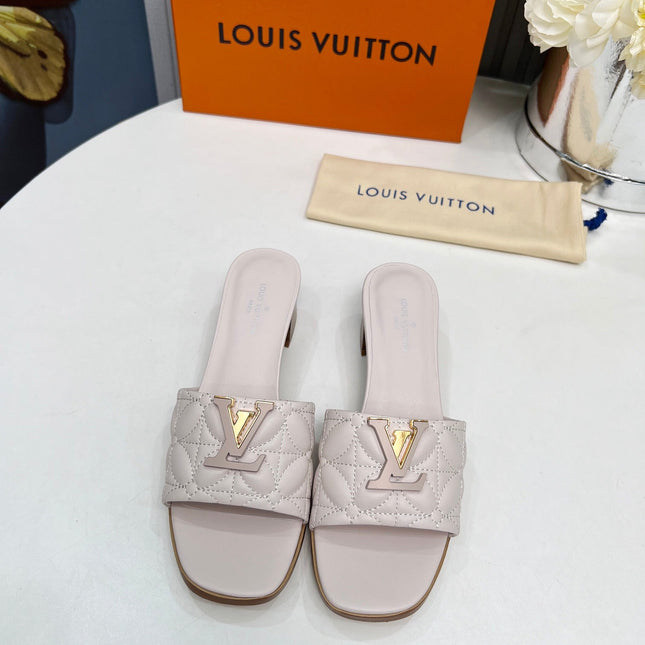 LV 26S MARE HIGH-HEELED MULE SANDALS IN ASH BEIGE CALFSKIN