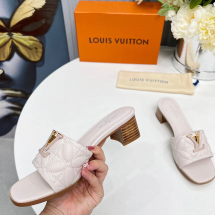 LV 26S MARE HIGH-HEELED MULE SANDALS IN ASH BEIGE CALFSKIN