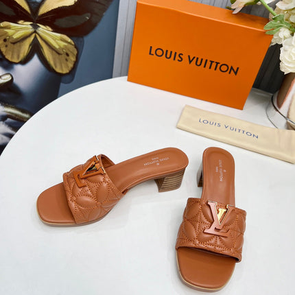 LV 26S MARE HIGH-HEELED MULE SANDALS IN BROWN CALFSKIN