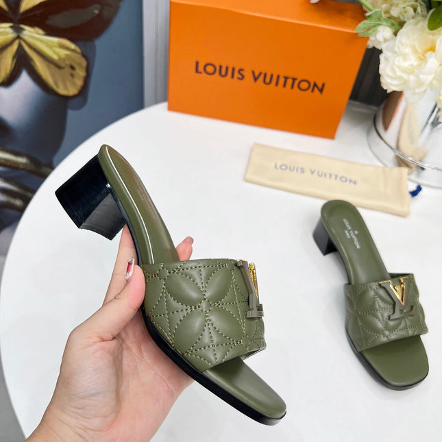LV 26S MARE HIGH-HEELED MULE SANDALS IN MOSS GREEN CALFSKIN