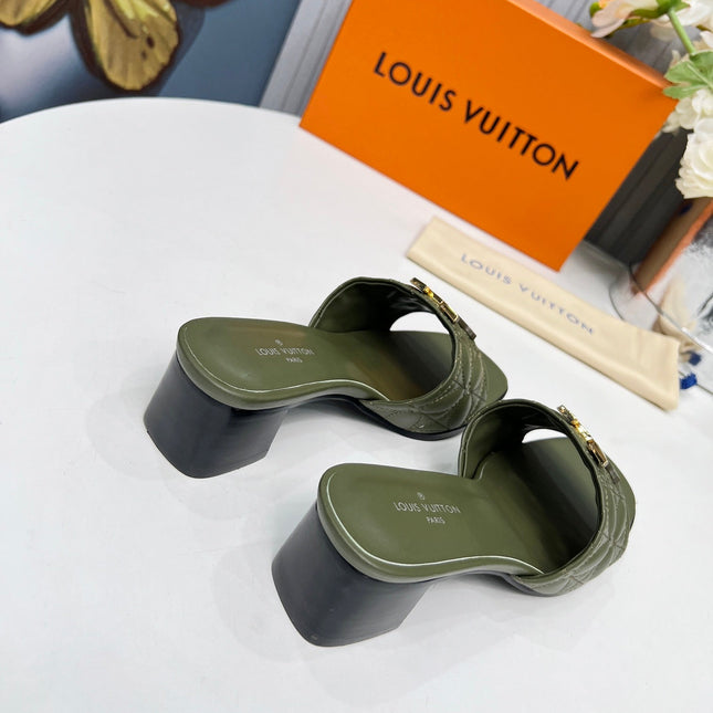 LV 26S MARE HIGH-HEELED MULE SANDALS IN MOSS GREEN CALFSKIN