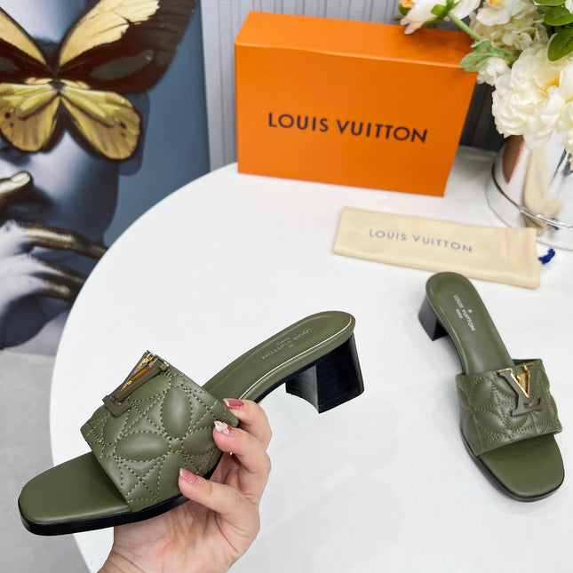 LV 26S MARE HIGH-HEELED MULE SANDALS IN MOSS GREEN CALFSKIN