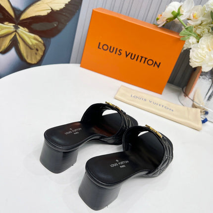 LV 26S MARE HIGH-HEELED MULE SANDALS IN BLACK CALFSKIN