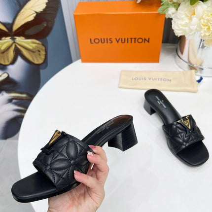 LV 26S MARE HIGH-HEELED MULE SANDALS IN BLACK CALFSKIN