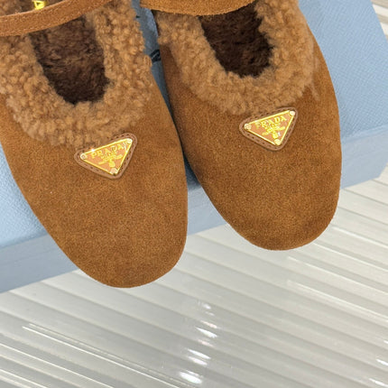 PRADA 25S MARY JANE FLATS IN BROWN SUEDE WITH GOLD HARDWARE