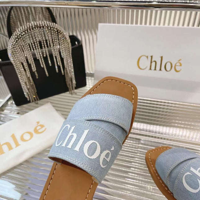 WOODY MULE IN LIGHT BLUE DENIM WITH WHITE LOGO
