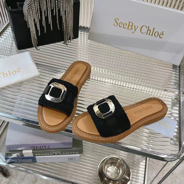 WOVEN SLIDE MULE IN BLACK WOOL AND BROWN LAMBSKIN GOLD HARDWARE