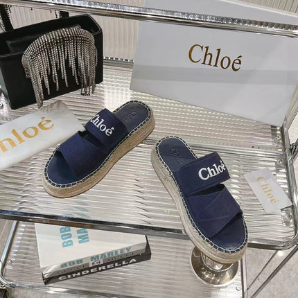 MILA PLATFORM 5 CM IN NAVY BLUE FABRIC AND BEIGE RAFFIA