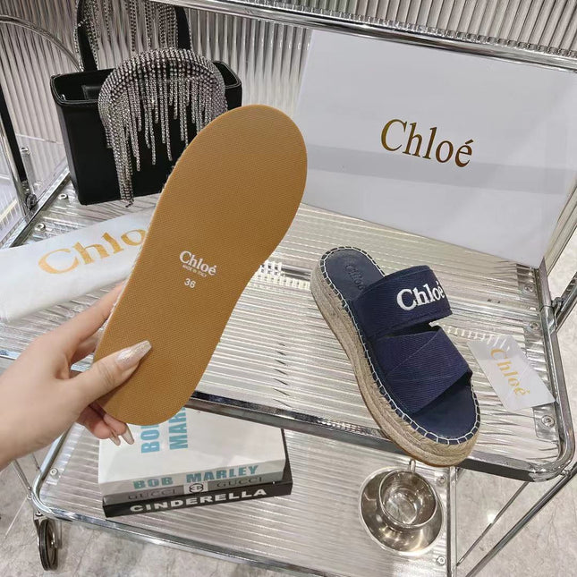MILA PLATFORM 5 CM IN NAVY BLUE FABRIC AND BEIGE RAFFIA