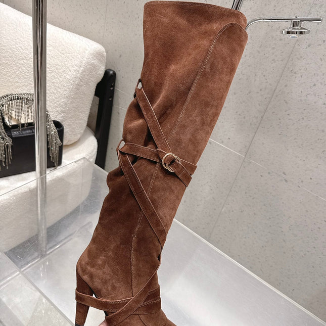 YSL 26S JANIS KNEE-HIGH BOOTS 90 MM IN BROWN SUEDE