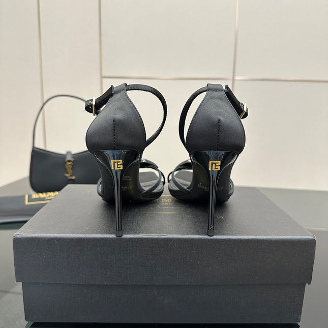 BALMAIN 25S LIPS SANDALS 10 IN BLACK SATIN