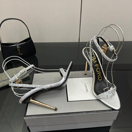 TOM FORD 26S HEELED SANDALS 100 MM IN SILVER CALFSKIN
