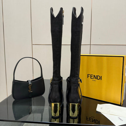 FENDI 25S KNEE-HIGH BOOTS 50 MM IN BLACK CALFSKIN AND FABRIC PRINT LOGO